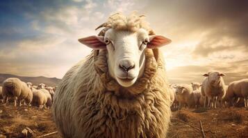 ai généré une mouton est permanent dans une champ avec autre mouton photo