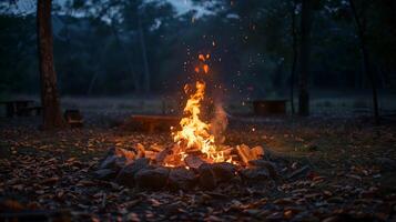 ai généré confortable feu de camp dans une serein forêt réglage à crépuscule photo