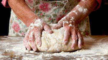 ai généré artisan boulanger pétrissage pâte avec se soucier dans une rustique cuisine photo