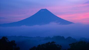 ai généré majestueux monter Fuji enveloppé dans mystique Matin brouillard photo