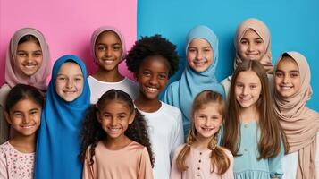 ai généré diverse groupe de Jeune les filles souriant ensemble dans harmonie photo