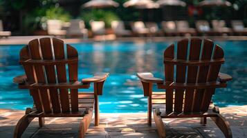 ai généré serein au bord de la piscine en bois chaises pour tranquille relaxation photo