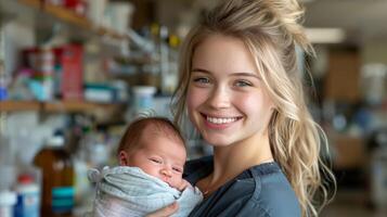 ai généré souriant Jeune infirmière en portant une nouveau née bébé dans une hôpital photo