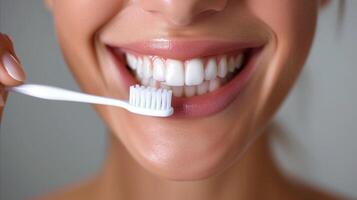 ai généré fermer de femme souriant en portant une brosse à dents photo