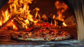 ai généré artisan Pizza cuisson dans une au feu de bois four avec flammes photo