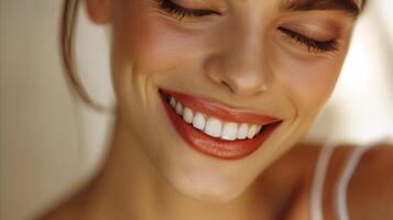 ai généré radiant sourire de une joyeux femme dans fermer photo