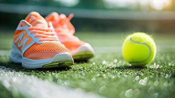 ai généré Orange tennis des chaussures et Balle sur herbeux tribunal photo