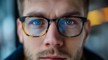 ai généré proche en haut portrait de homme portant des lunettes photo