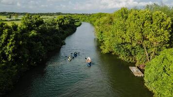 aérien voir, vous pouvez voir une la personne aviron dans une canoë à le bouche de le rivière. photo