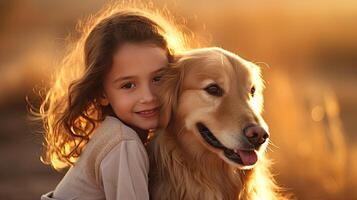 ai généré magnifique fille étreindre une d'or retriever fermer portrait dans rétro-éclairage. relation amicale et soumissionner sentiments entre Humain et animal concept. ai généré illustration. photo