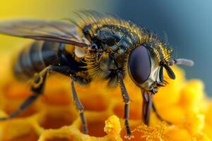 ai généré détaillé proche en haut de une voler, cette a rejoint le abeille collectif et porte Caractéristiques et composé yeux, monde abeille journée photo