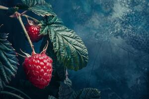 ai généré framboise fruit mûr et rouge au milieu de vert feuilles dans une Naturel biologique jardin réglage photo