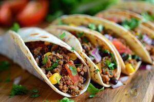 ai généré burritos avec bœuf, fromage, tomate, laitue, oignon, et coriandre sur une en bois table photo