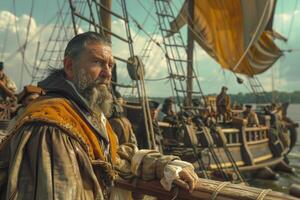 ai généré barbu explorateur sur une historique voile navire navigation le mer pendant un aventureux voyage photo