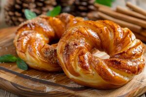 ai généré cannelle torsion Donut sur en bois planche avec vitré sucre et sucré dessert faire appel photo