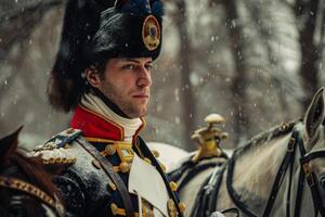 ai généré napoléon dans uniforme sur à cheval pour une historique militaire reconstitution dans le neige photo