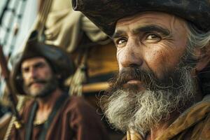 ai généré explorateurs avec historique costumes et intense regards représenter marins de le âge de Découverte photo