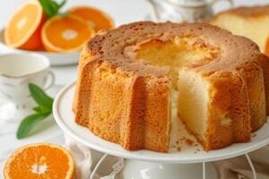 ai généré Madère gâteau avec Orange torsion portion comme une sucré dessert pour thé temps photo