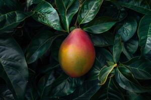 ai généré mûr mangue au milieu de vert feuilles en présentant tropical, frais, BIO, et Naturel agricole produire photo