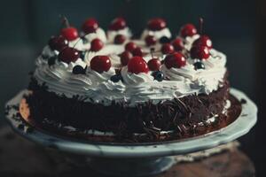 ai généré indulgent noir forêt gâteau avec cerises, crème, et Chocolat copeaux photo