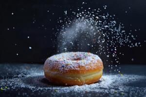 ai généré en poudre sucre Donut avec coloré arrose comme une sucré traiter dessert photo