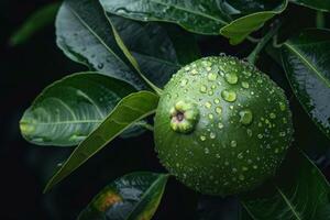 ai généré fermer de une vert goyave fruit avec gouttes d'eau sur feuilles montrant fraîcheur et la nature photo