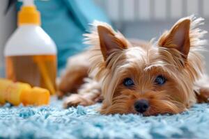 ai généré chien mensonge suivant à nettoyeur bouteille sur une bleu tapis mettant en valeur animal de compagnie tache et odeur dissolvant des produits photo