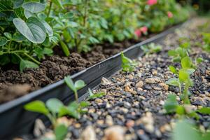 ai généré jardin bordure avec Plastique barrière pour aménagement paysager avec les plantes et galets photo