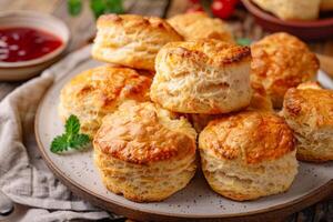 ai généré scones servi sur une assiette pour une traditionnel Britanique thé temps dessert photo