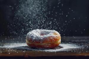 ai généré en poudre sucre Donut avec une sucré et sucré dessert faire appel sur une en bois planche photo