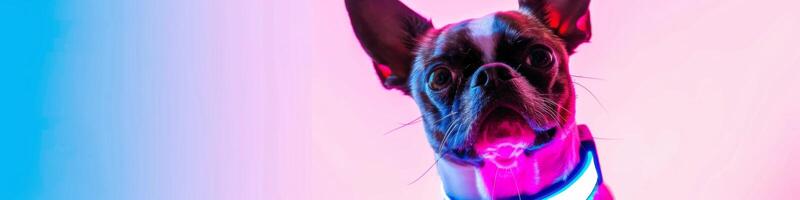 ai généré chien avec lumineux néon collier animal de compagnie sécurité nuit LED accessoire photo