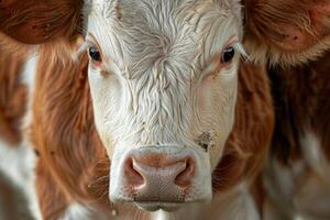 ai généré fermer portrait de une marron et blanc vache sur une ferme montrant animal, bovine, bétail, laitier, et agriculture Caractéristiques photo