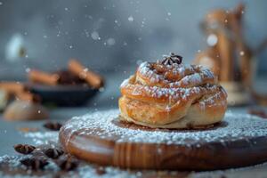 ai généré cannelle rouleau avec en poudre sucre et café des haricots sur une en bois planche affiche une chaud et confortable dessert tentation photo