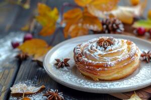 ai généré Pâtisserie sur assiette avec l'automne cannelle anis feuilles pomme de pin sur en bois surface photo