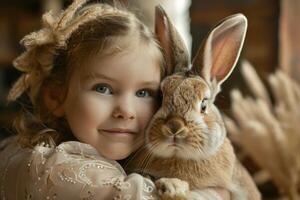 ai généré portrait de une mignonne enfant avec sa animal lapin affichage innocence et affection photo