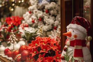 ai généré de fête Noël afficher avec bonhomme de neige, poinsettia, décoration, et vacances lumières photo