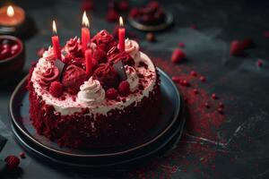 ai généré rouge velours gâteau avec anniversaire bougies et crème pour une de fête fête photo