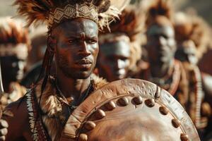 ai généré zoulou guerrier dans traditionnel tenue en portant une bouclier avec tribal coiffure dans Afrique photo