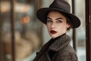 ai généré élégant mode portrait de une femme avec une élégant chapeau et maquillage affichage confiance et beauté photo