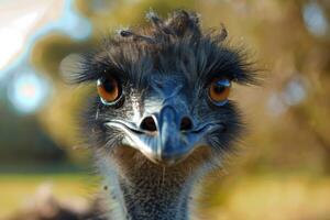 ai généré fermer portrait de un émeu avec expressif yeux et détaillé plumes dans Naturel lumière du soleil photo