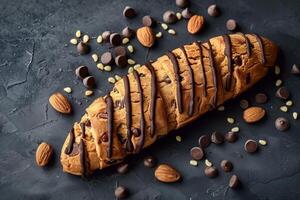 ai généré Biscotti avec Chocolat et amandes dessert sur une foncé texturé surface photo