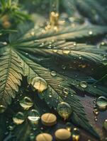 ai généré fermer vue de Frais cannabis feuilles avec l'eau gouttelettes et cbd pétrole gélules. génératif ai. photo