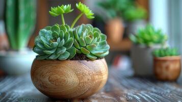 ai généré une petit succulent plante est assis sur le tableau. Achevée avec mis en pot les plantes et petit feuilles. photo