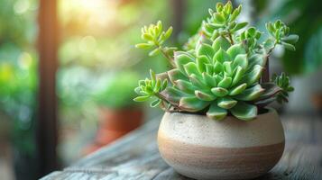 ai généré une petit succulent plante est assis sur le tableau. Achevée avec mis en pot les plantes et petit feuilles. photo