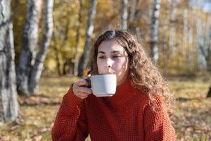 belle femme en pull rouge sur un pique-nique dans une forêt d'automne photo