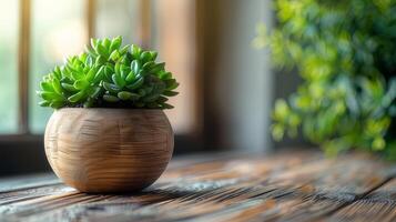 ai généré une petit succulent plante est assis sur le tableau. Achevée avec mis en pot les plantes et petit feuilles. photo