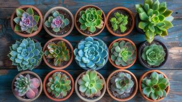 ai généré Haut vue montrant divers plantes succulentes croissance sur une en bois table dans Naturel lumière. photo