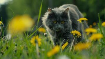 ai généré une chat balades par une Prairie à pois avec pissenlits, profiter le serein alentours. photo