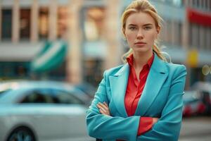 ai généré sur de soi femme d'affaires dans frappant turquoise blazer plus de rouge chemisier, idéal pour thèmes de professionnalisme, direction, et audacieux entreprise style. génératif ai. photo