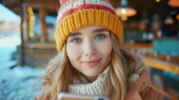 ai généré femme dans Jaune chapeau et écharpe photo